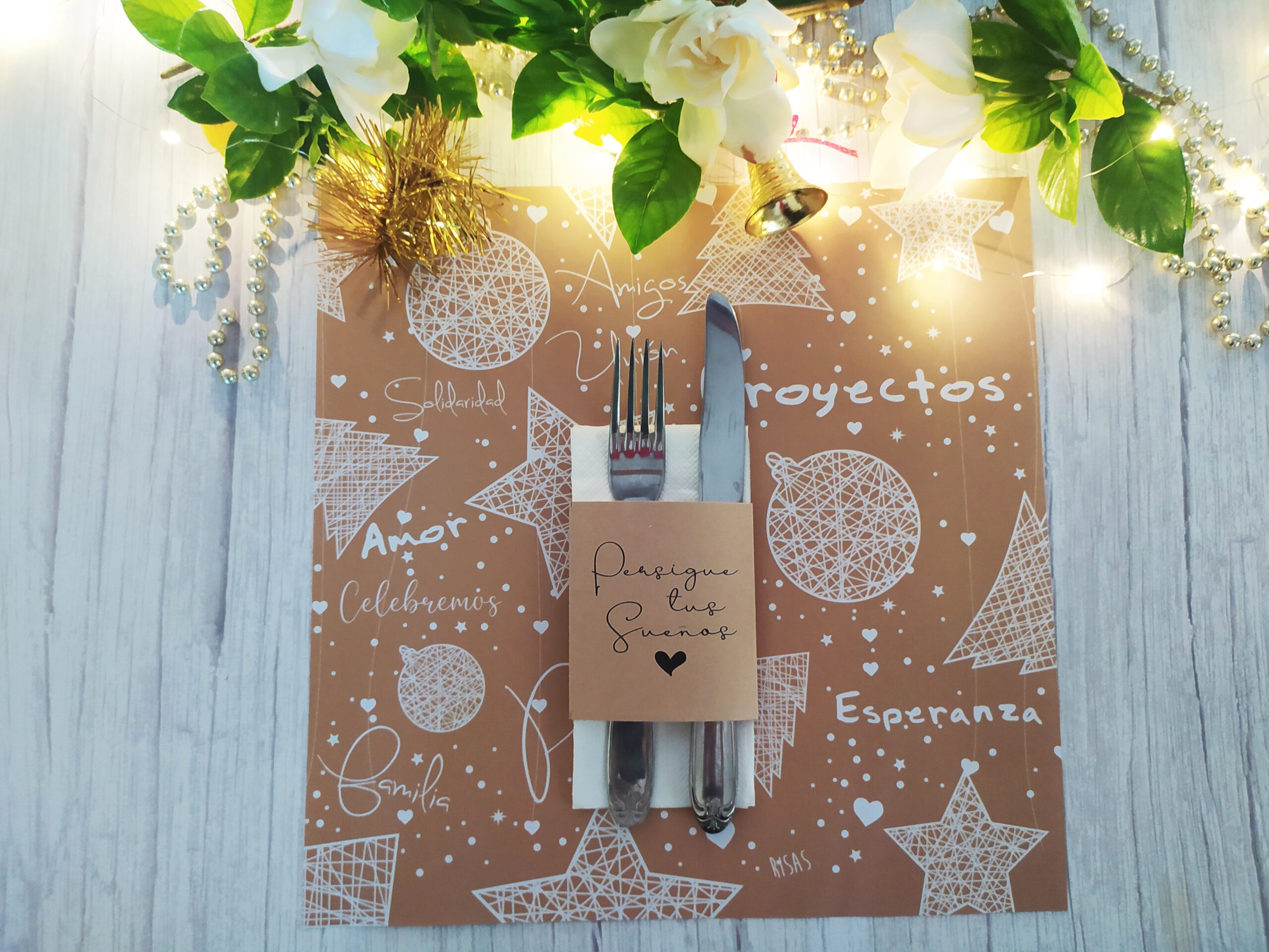 Combo Individual Estrellas Dorado CUADRADO + Porta Servilletas x 10