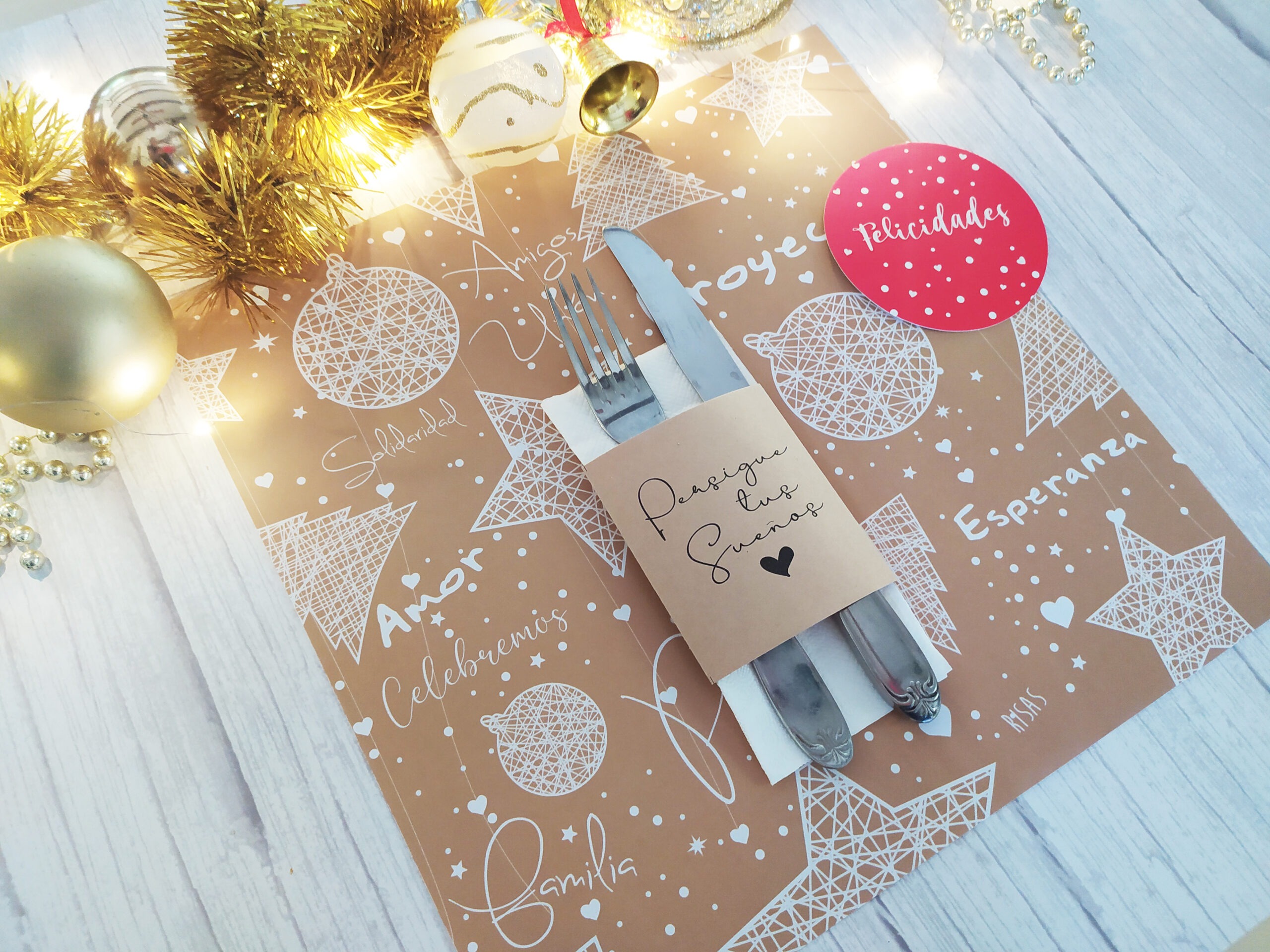 Combo Individual Estrellas Dorado CUADRADO + Porta Servilletas + Posavasos x 10 - Imagen 2