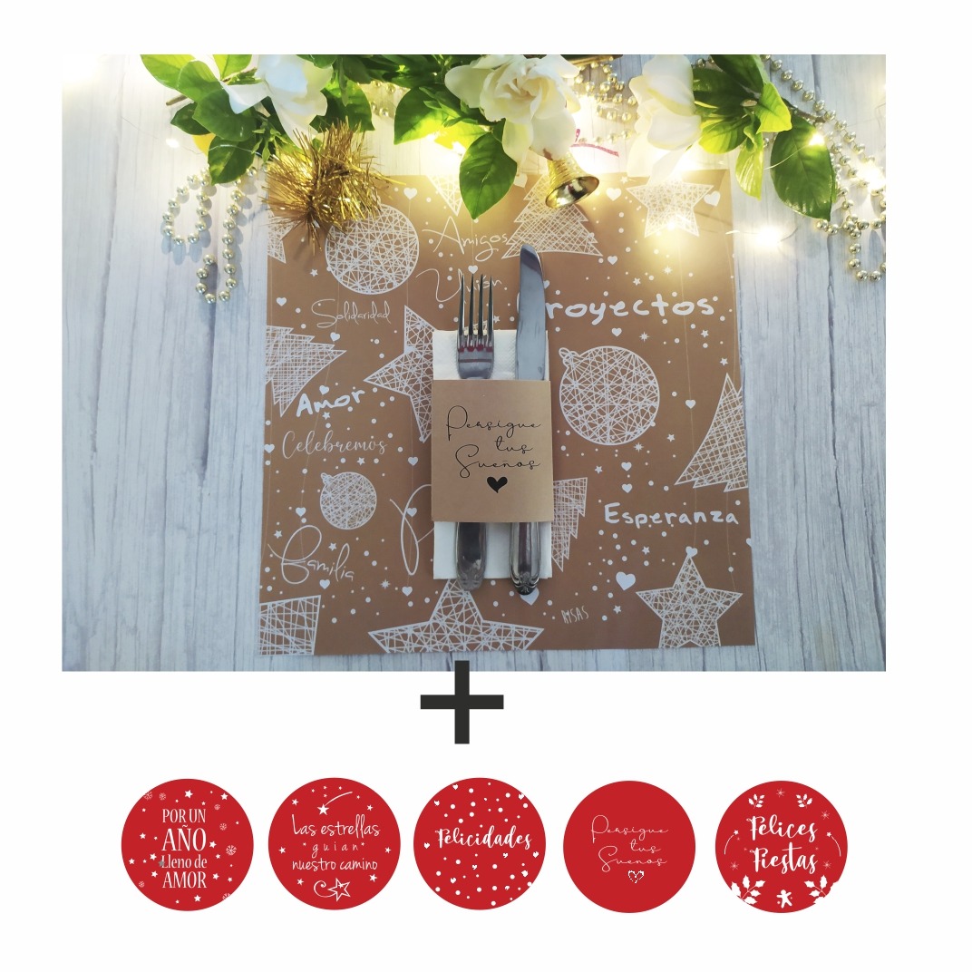 Combo Individual Estrellas Dorado CUADRADO + Porta Servilletas + Posavasos x 10 - Imagen 3